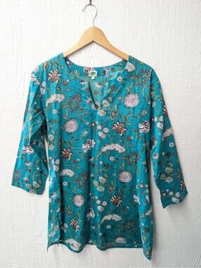 DOLMA Floral 100% Cotton Lightweight Tunic Top Shirt Travel Boho Hippie Small